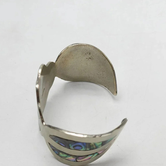 Vintage Mexican Abalone Inlay Coin Silver Cuff Bracelet With Flower Design - Picture 4 of 10